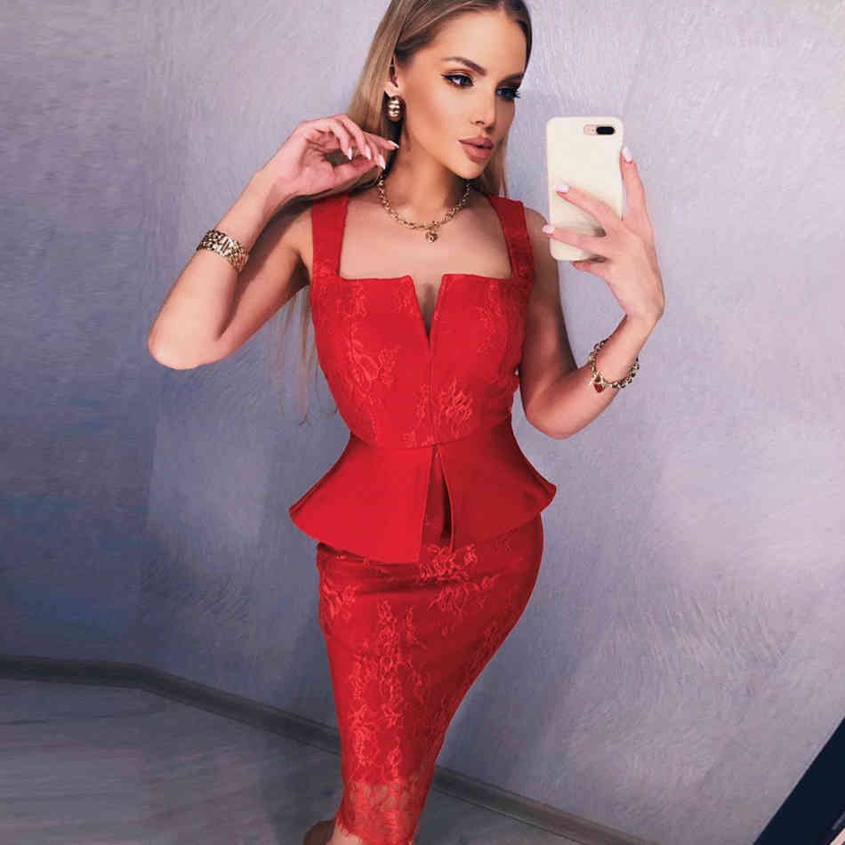 Summer Women Red Lace Bandage Dress Sexy Spaghetti Strap V Neck Black Ruffles Club Celebrity Runway Party 210423