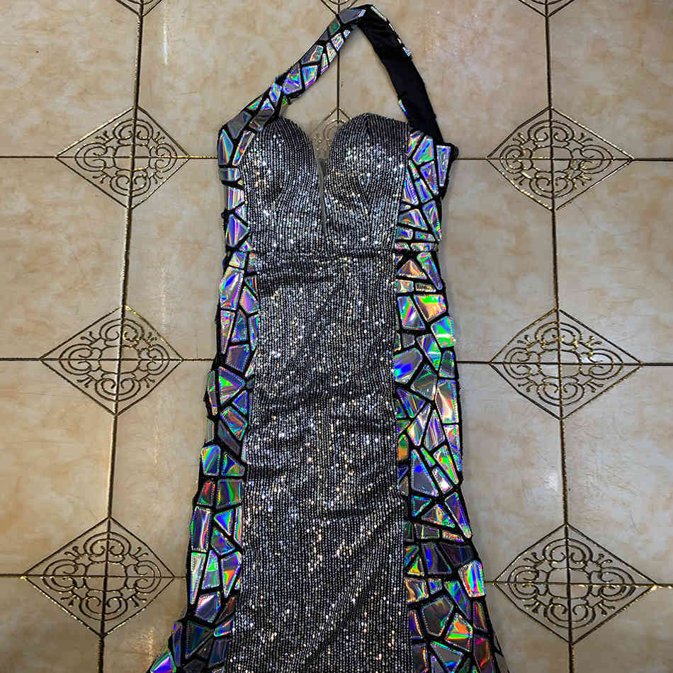 Free Sexy Runway Sequined Long Dress Women Slanted Collar One Shoulder Bodycon Fishtail Club Party 210524