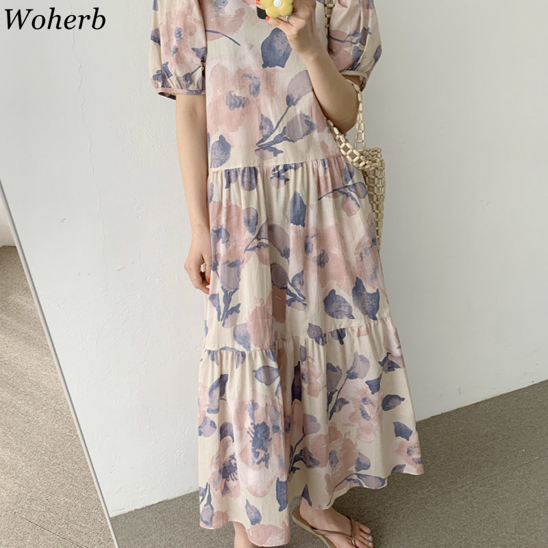 Vintage Woman Dress V Neck Women Summer Maxi Dresses Holiday Beach Korean Robe Female Flower Chiffon Vestidos Mujer 210519