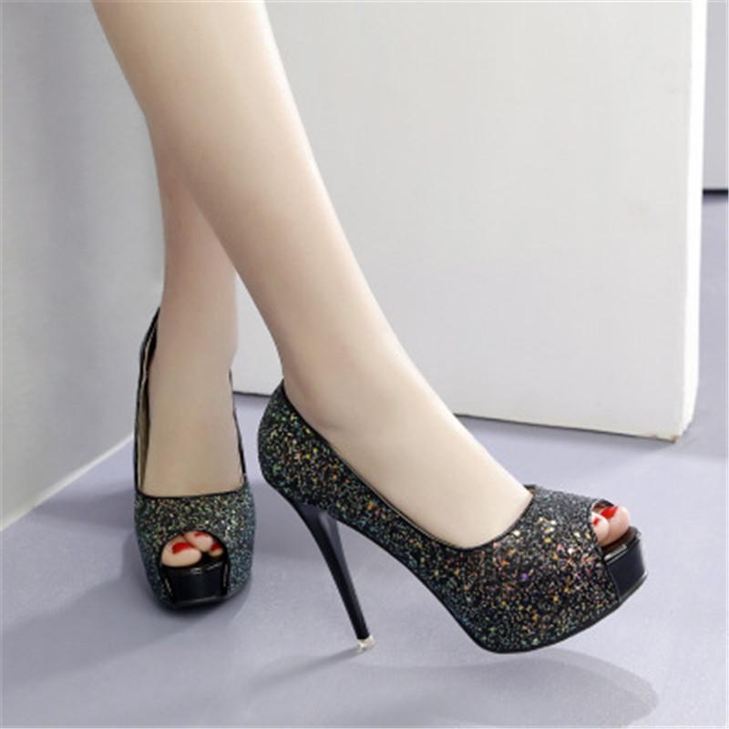 Sexy Women's Black Glitter Fish Mouth Wedge High Heels with 12 cm Platform