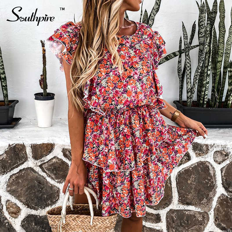 Southpire Red Floral Print Boho Dress Women A-Line Short Sleeve Ruffle Summer Dress Mini Day Party Beach Sundress Ladies 210630