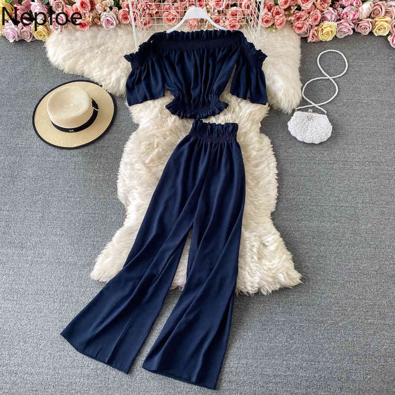 Neploe Fashion Suit Two Piece Outfits for Women Slash Neck Off Shouder Crop Tops Loose Waide Leg Pants Summer Korean 2 Piece Set 210422