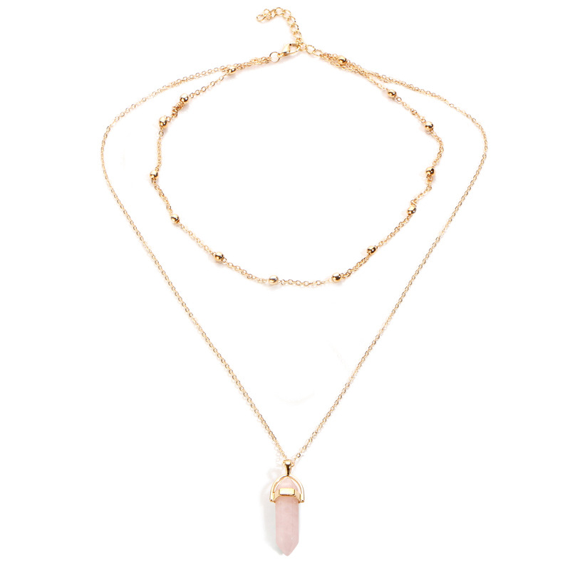 Natural Stones Beads Necklace Women Crystals Quartz Chakra Bullet Hexagonal Prism Point Healing Pendant Necklaces Fashion Double Layer Gold Link Chain