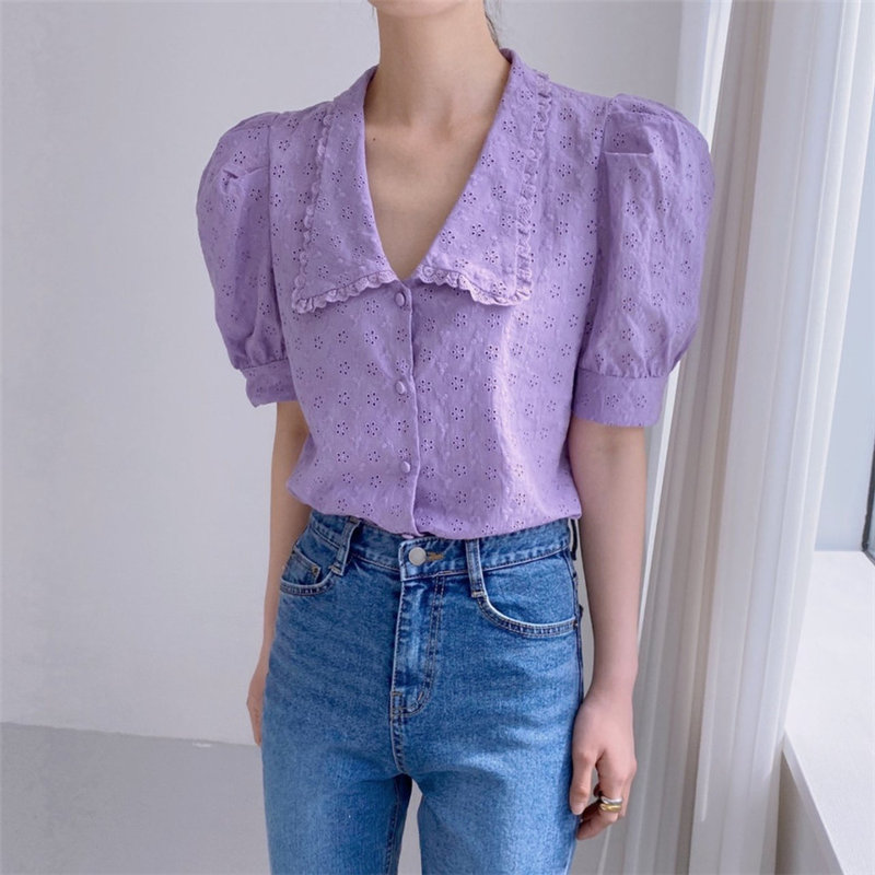 Lavender Purple Gentle Office Lady Streetwear Slim Tops Summer High Waist Loose Chic Sweet OL All Match Shirts 210421