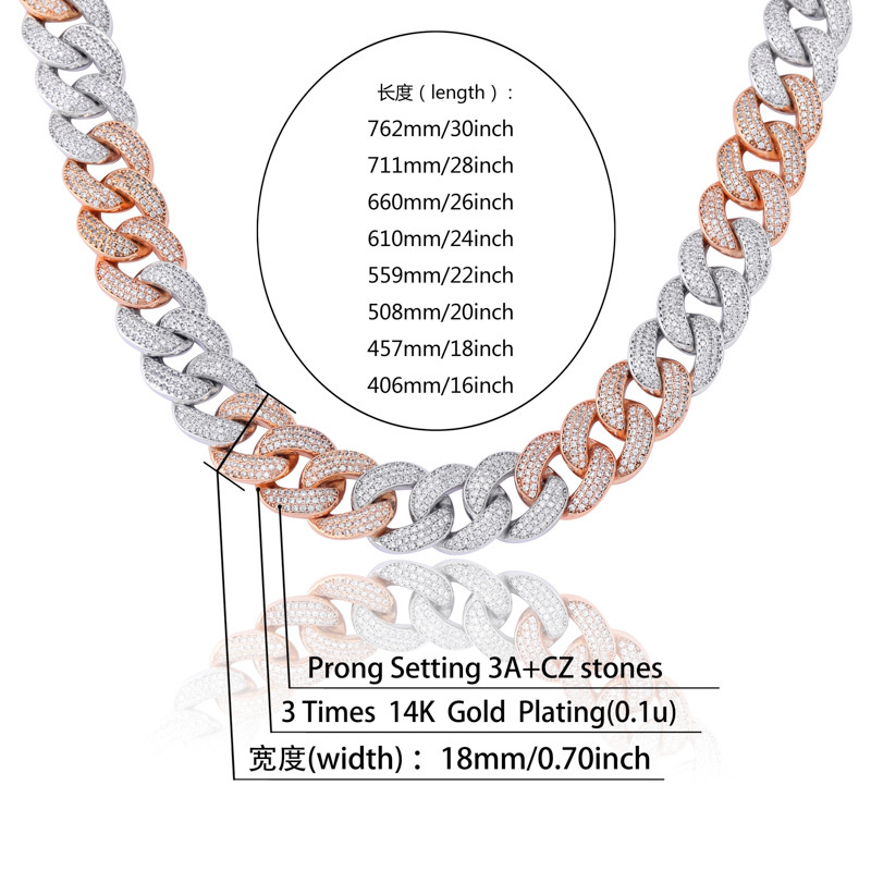 Europe and America Fashion Chain 18mm Width 18/22inch Bling CZ Diamond Stone Cuban Chain Necklace for Men Women Nice Gift