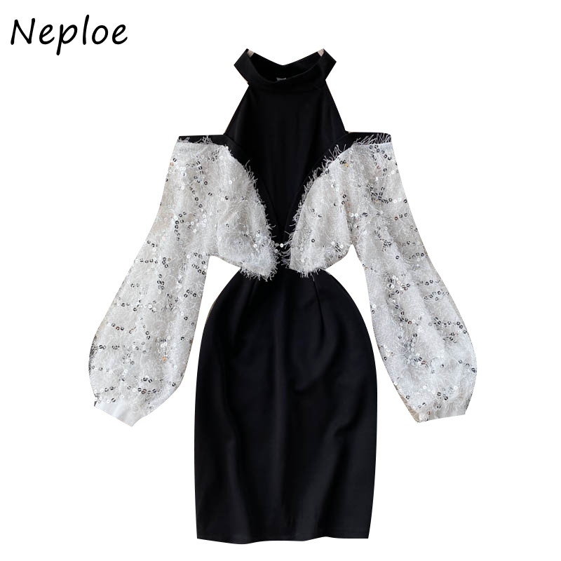 Neploe Halter O-neck Shoulder Strapless Women Mini Dress Bling Sequined Tassel Dresses Panelled Patchwork Sexy Bodycon Vestidos 210422