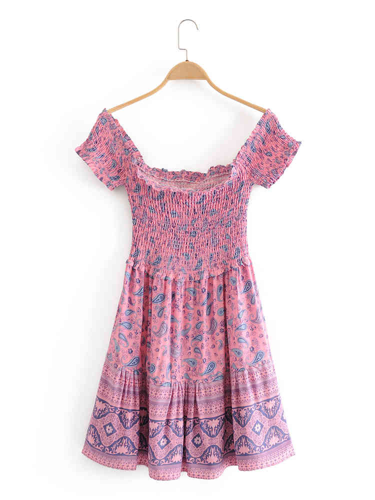 Chu Sau beauty Boho Elastic Bust Vinatge Print Mini Dress Women Holiday Chic Strapless Summer Beach Dresses Mujer Vestido 210508