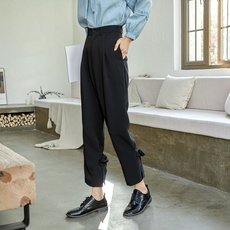 Black Bow Retro All Match Fashion Streetwear Autumn High Waist Vintage Loose Brief Casual Women Pencil Trouser 210421