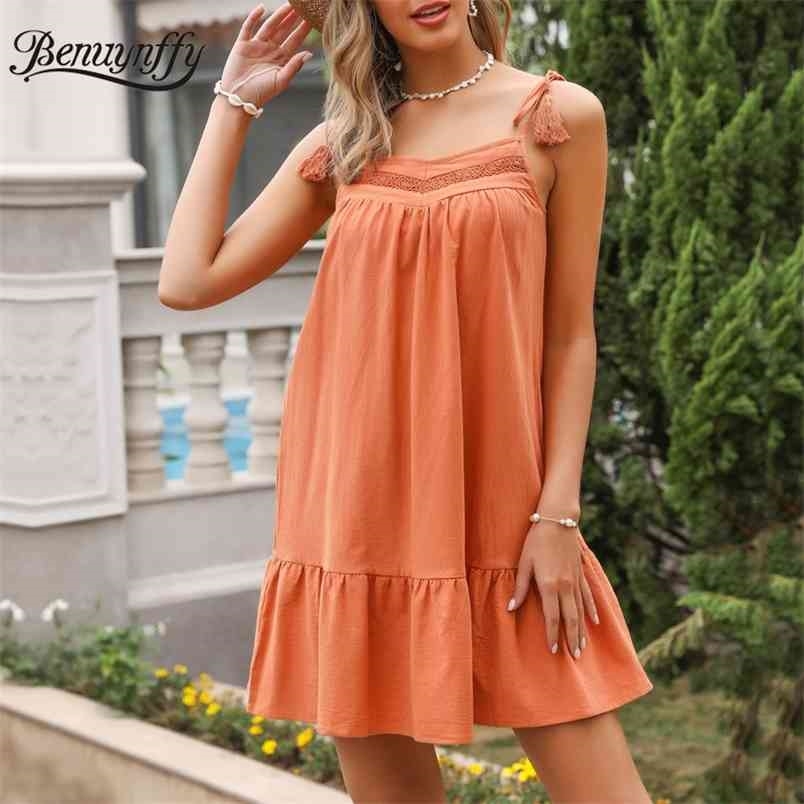 V-neck Lace Patchwork Tassel Cami Dress Women Summer Sleeveless Loose Casual Female Ruffle Hem Solid Mini 210510