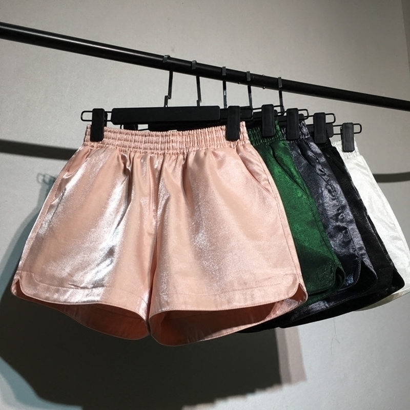 Spring Elastic High Waist Shorts Women Casual Streetwear Bright Silk Mini Hot Shorts Poket Sexy Mujer Wide Leg Shorts Summer 210408