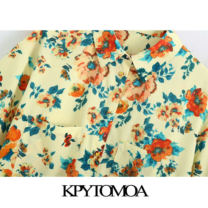 Women Fashion With Pockets Floral Print Loose Blouses Short Sleeve Button-up Female Shirts Blusa Chic Tops 210420