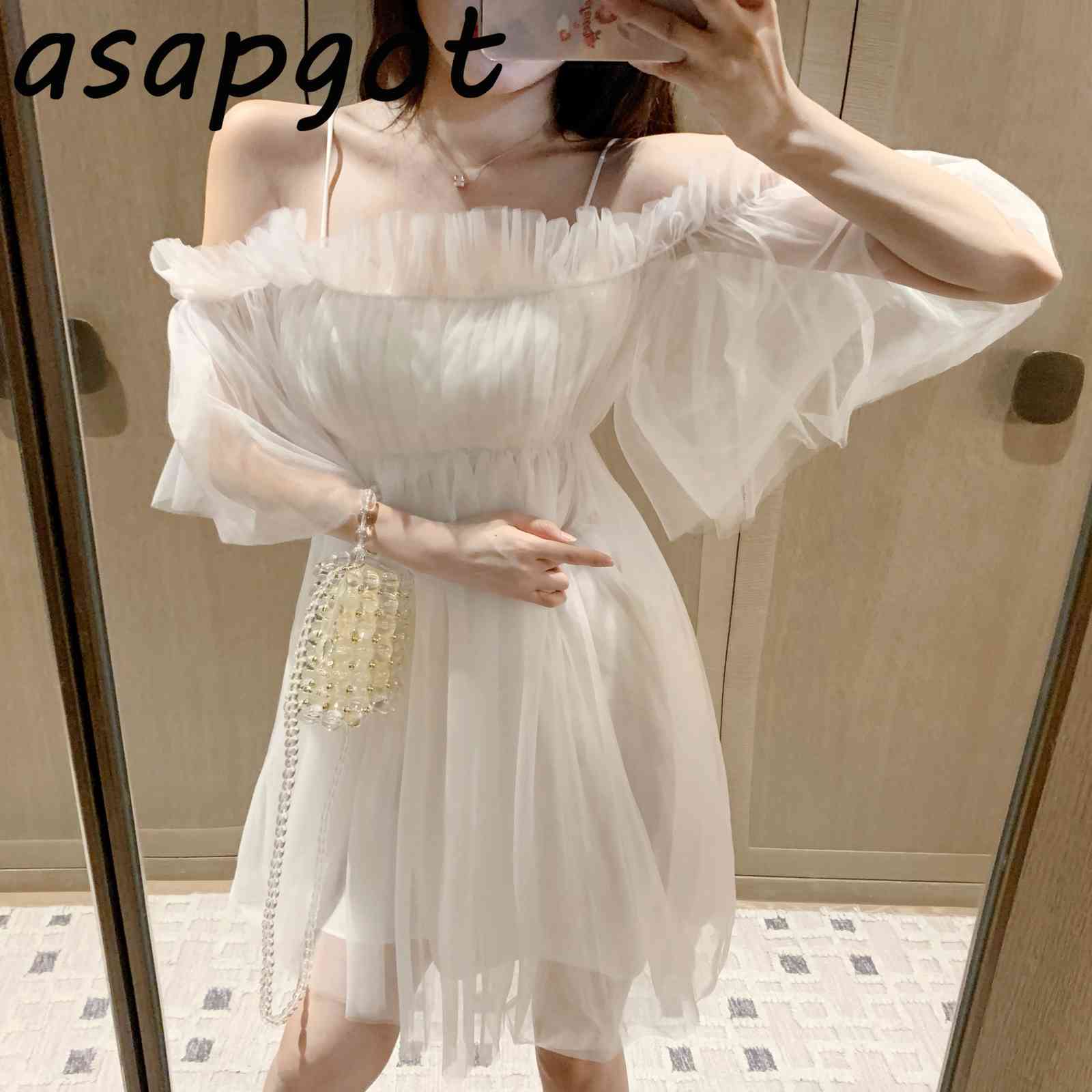 Dresses Summer Sweet Girls Chic Korean Off The Shoulder Pink Mesh Dress Women Slash Neck Short Sleeve Strap Vestido Feminino 210429
