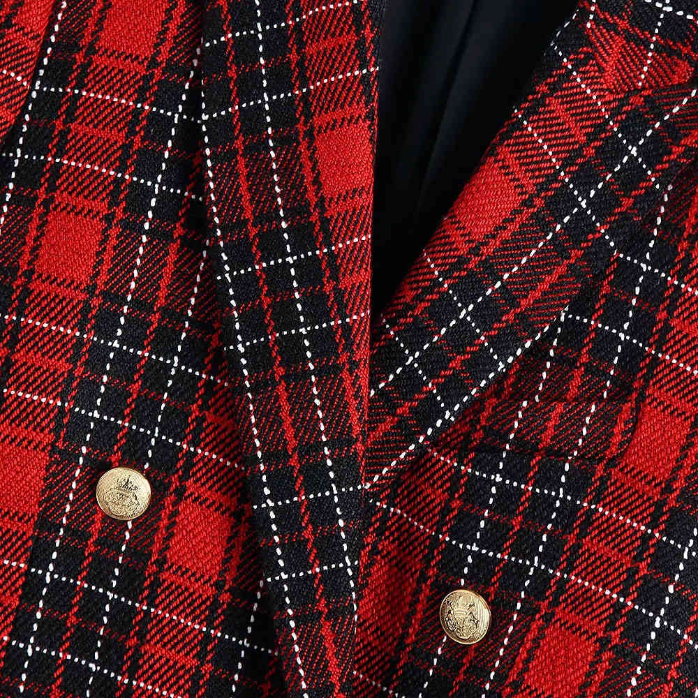 Autumn Women Elegant Black And Red Lattice Double-Breasted Female Check Coat Office Work Lattice Suit Jacket Outerwear 210520