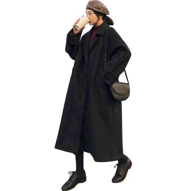 Woman Long Coat Fashion Korean Preppy Style Retro Versatile Windbreaker Casual Warm Woolen Coat Oversize Spring Women Coat 211104