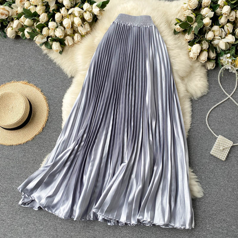 High Waist Long Skirts Womens 2024 Maxi Pleated Skirt Women Clothing Elegant Office Lady Fashion Metallic Satin Skirt