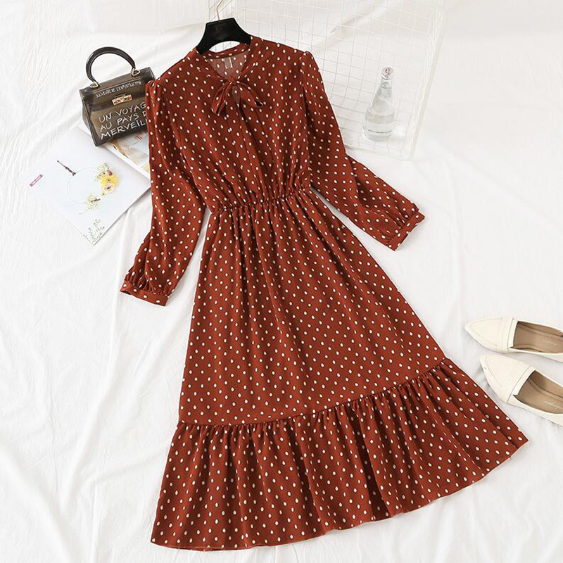 Women Dot Print Chiffon Dress Spring Autumn Long Sleeve Fashion Female Elegant Long Dress Bow Ruffles Robe Women Dresses 210521