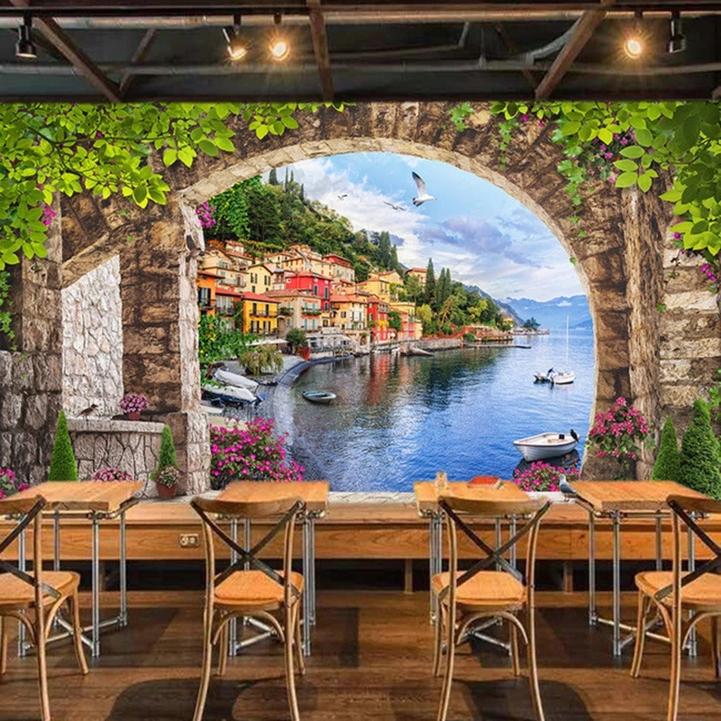 European Style 3D Stereoscopic Small Town Street View Living Room TV Background Wallpaper Cafe Restaurant Mural Waterproof