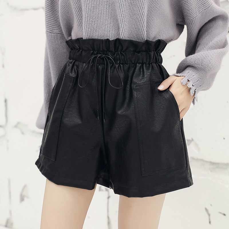 Autumn Korean Style PU Leather Shorts Elastic Fashion Loose Wide Leg Solid A-Line Lace Up Women's spodenki 10905 210518