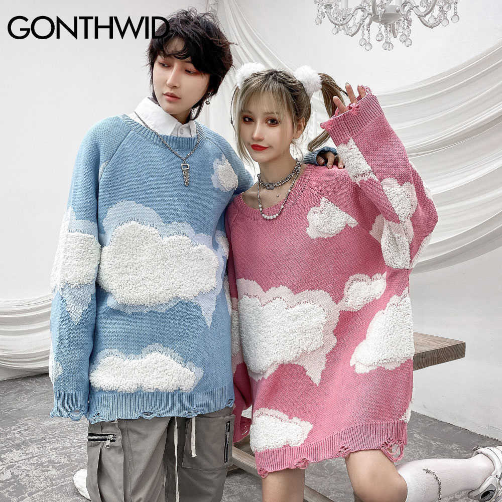 GONTHWID Knitwear Sweater Women Harajuku Hip Hop Streetwear Knitted Cloud Ripped Holes Casual Kawaii Loose Pullover Jumpers Tops 211008