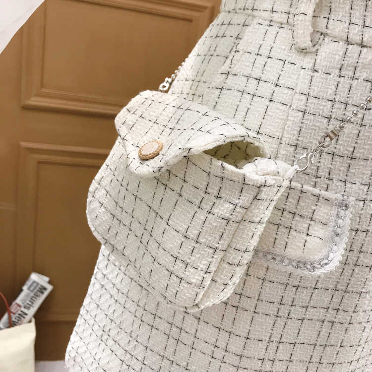 Fall Two piece set Women Tweed Patchwork Lantern sleeve Chiffon Shirt and Woolen A-line Skirt Suits With free bag 210708