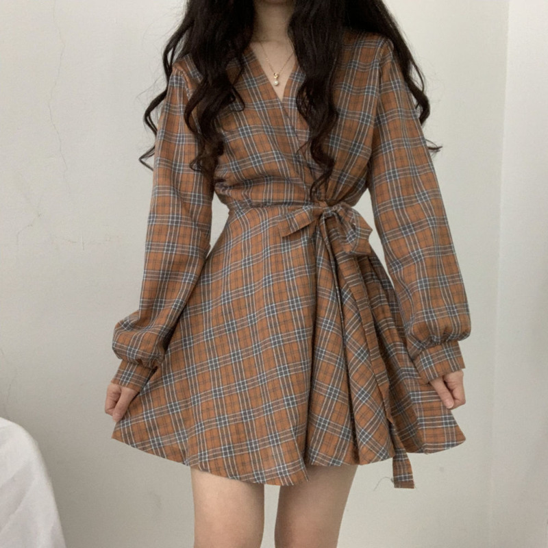 New Autumn Long Sleeve Dress Women Preppy Style Bow Palid V-neck Mini plaid Dresses Korean High Waist Short Dress elegant 210409