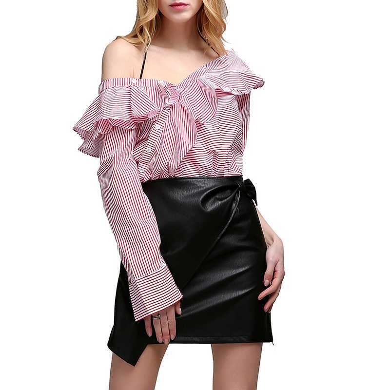 Spring Irregular Silm Blouses for Women Chic Backless Stripe Long Sleeve Shirts Fashion Ruffles Patchwork Female Tops 210525