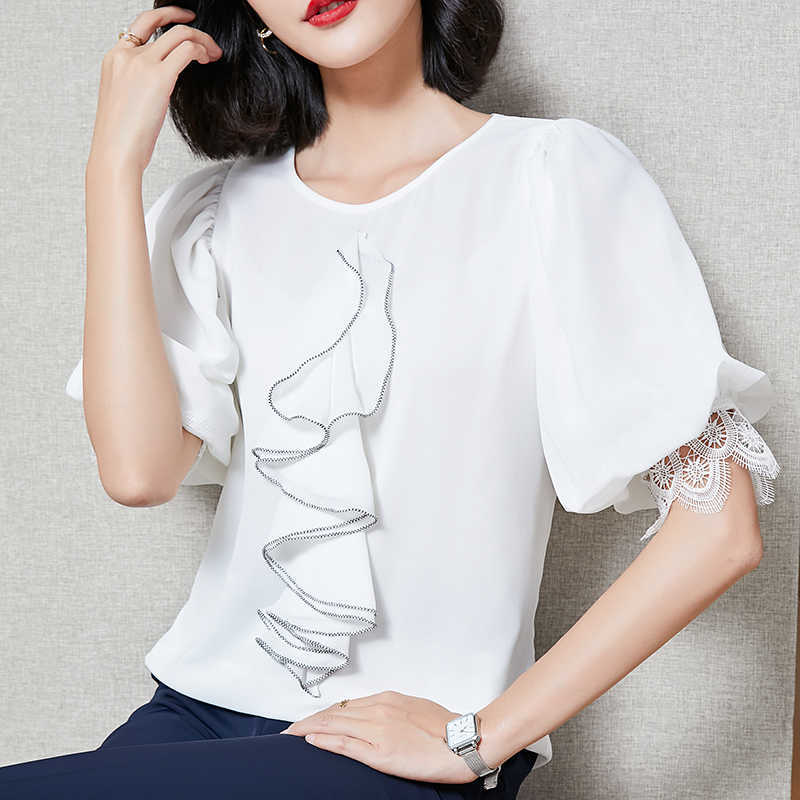 Fashion White Chiffon Shirt Women's Tops Summer Blouse O-Neck Puff Sleeve Ruffles Female s OL Womens and Blouses 210604
Fashion White Chiffon Shirt Women's Tops Summer Blouse O-Neck Puff Sleeve Ruffles Female s OL Womens and Blouses 210604