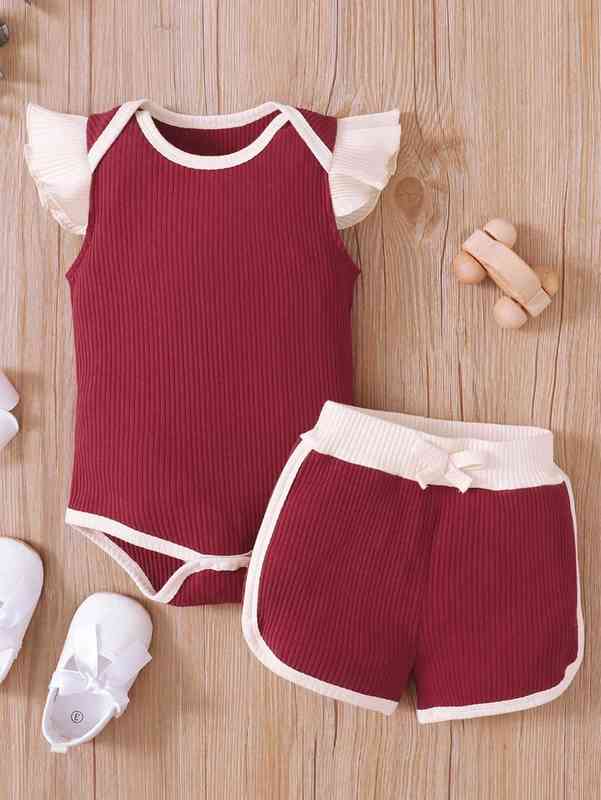 Baby Contrast Binding Butterfly Sleeve Bodysuit & Bow Front Shorts SHE