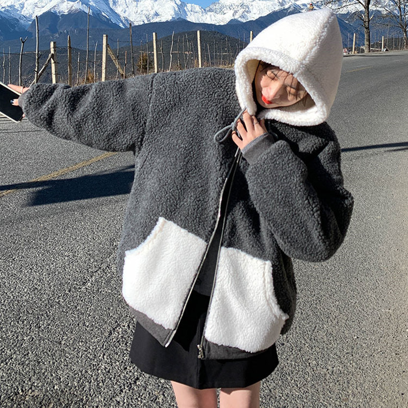 2colors korean style Women Winter Hoodie Coats Warm Zipper Jacket Casual Clothing lamb fur thick warm Coat womens (X1215) 210423