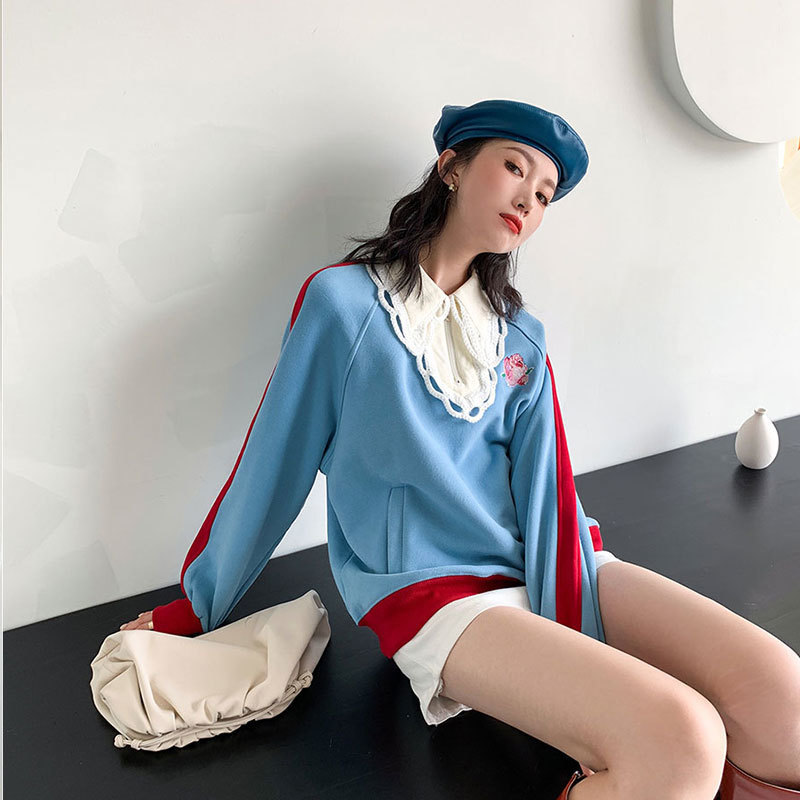 Sweet Contrast Color Tops Women's Spring Turn-down Collor Lace Loose Long Sleeve Sweatshirt Female 8Y598 210427