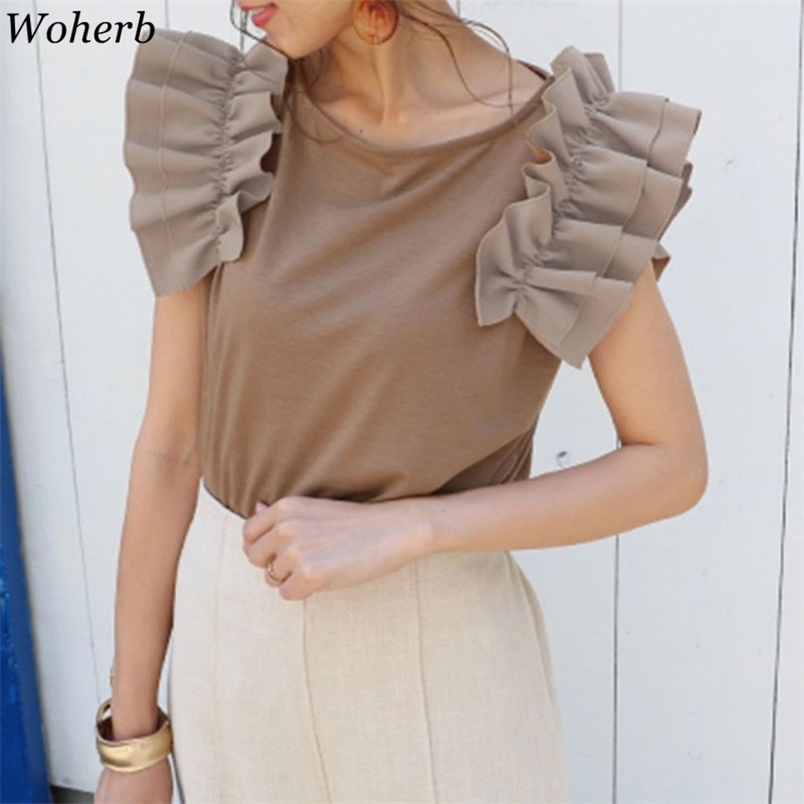 Korean Casual Ruffles Short Sleeve T-shirts for Women Chic Summer Solid Tshirt Female Fashion Top Lady Tees 210519, Khaki
Korean Casual Ruffles Short Sleeve T-shirts for Women Chic Summer Solid Tshirt Female Fashion Top Lady Tees 210519, Khaki
