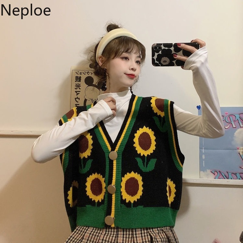 Neploe Woman Sweaters Knit Print Pullovers Vest Women New Fashion Sleeveless Jumper Tops V-neck Loose Knitwear Tank 4G473 210422