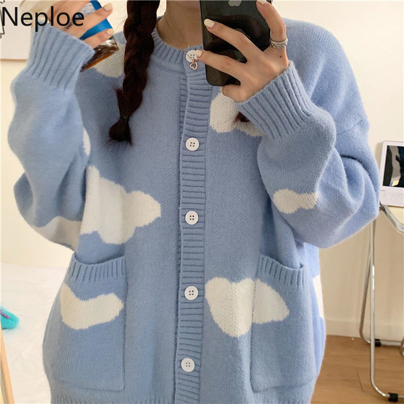 Neploe Korean Sweet Cardigan Fall Women Clothes Knitted Sweaters Cute Sweater O-neck Loose Oversized Outwear Sueter Coats 210422