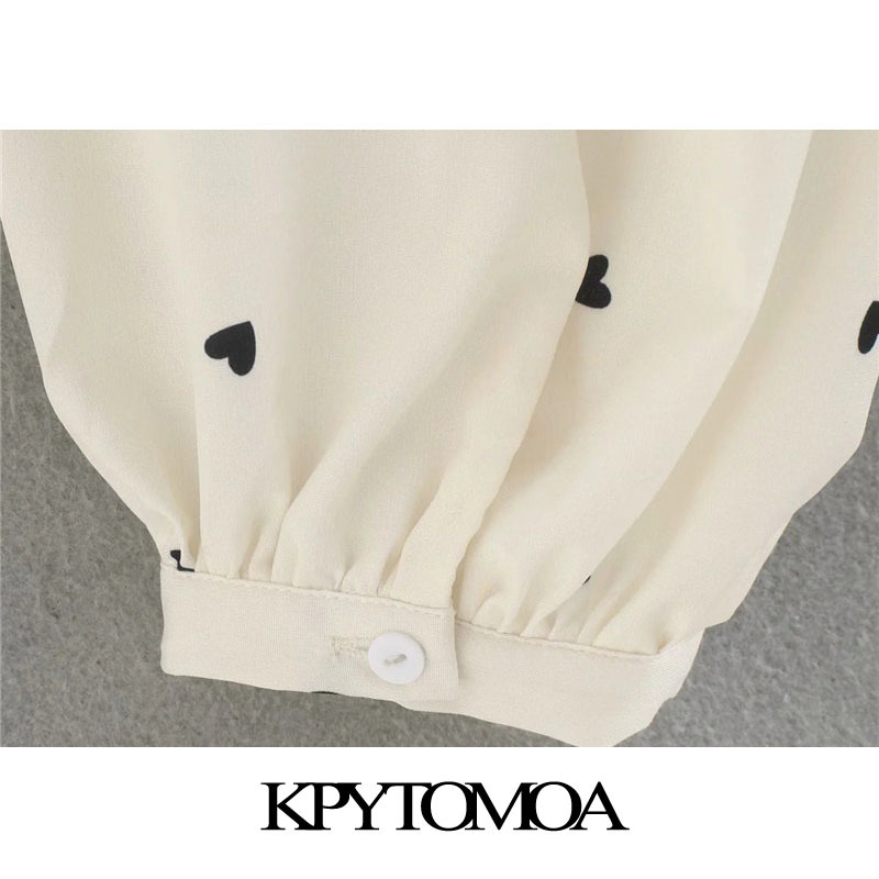 Women Sweet Fashion Hearts Print Smocked Elastic Blouses Lantern Sleeve O Neck Female Shirts Chic Tops 210420