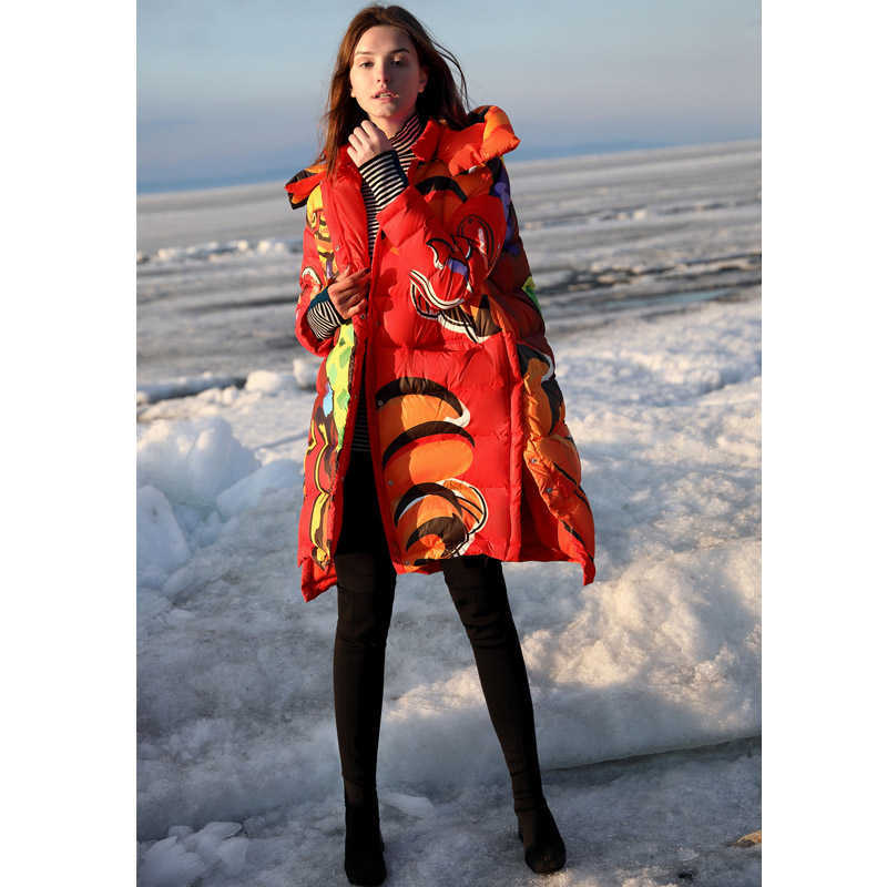 Printed Down Jacket Winter Casual Thick Asymmetrical Pockets Side Slit Hooded Coat Parkas 11890004 210527
