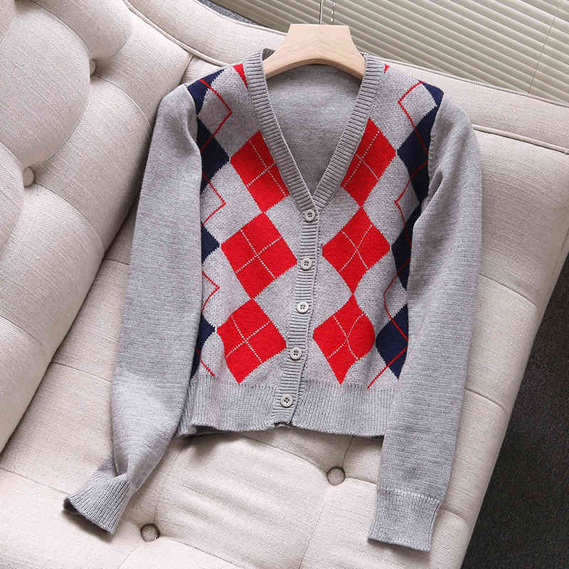 Elegant Women V-neck Button Sweater Autumn Fashion Ladies Plaid Female Sweet Girls Slim Cardigans Chic 210430
