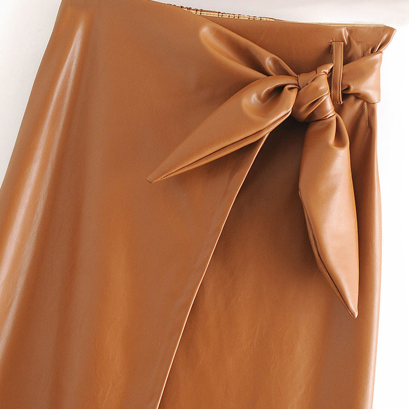 Elegant Solid Faux Leather Skirt Bow Tie Office Wear Long Women Brown And Black Color A Line s Mujer Faldas 210515