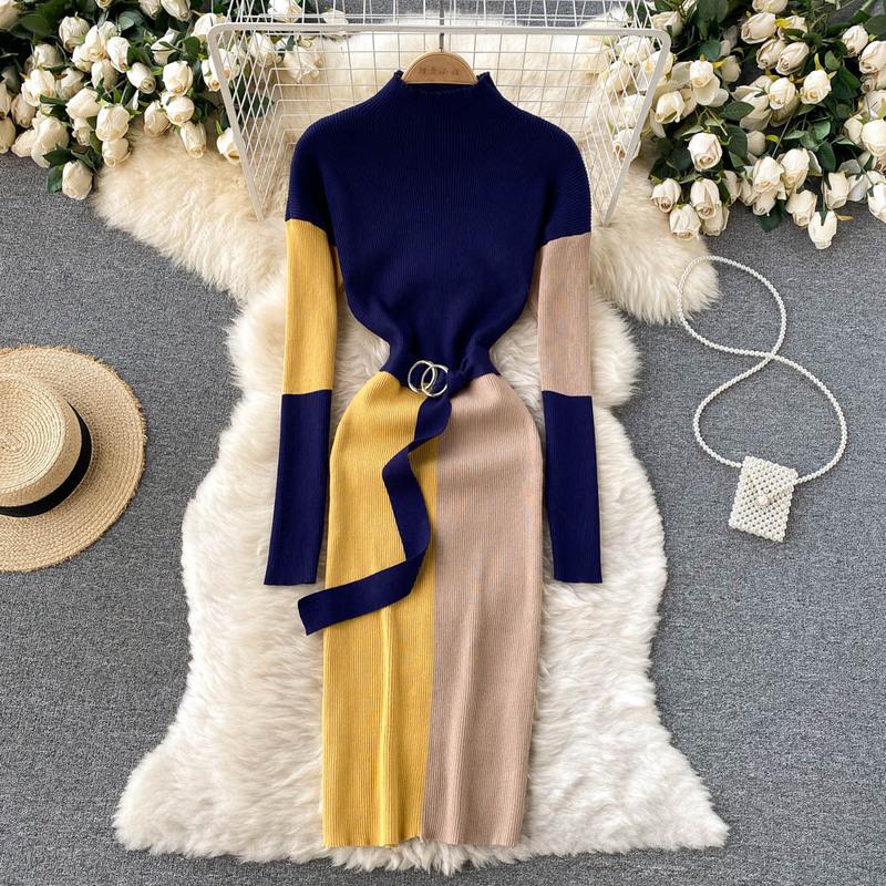Casual Dresses Korean Elegant Knitted Long Sweater Dress Women Color-blocked Sleeve High Collar Bodycon Belt 2021 Fall Winter