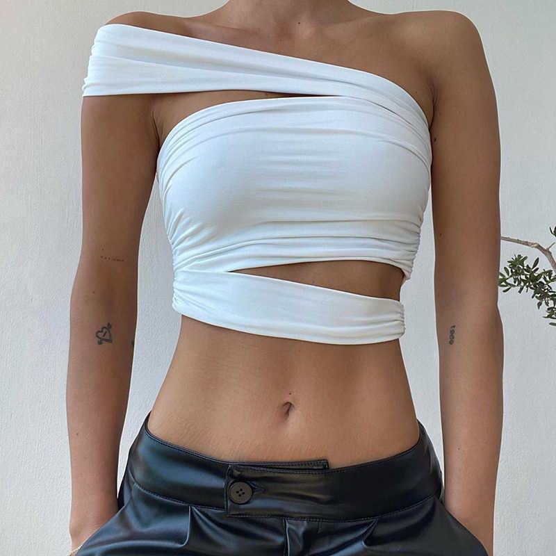 Sexy Tube Top Strapless Women Tank Fashion Ruched Hollow Out Slim Crop s Elegant One Shoulder Party Vest 210607