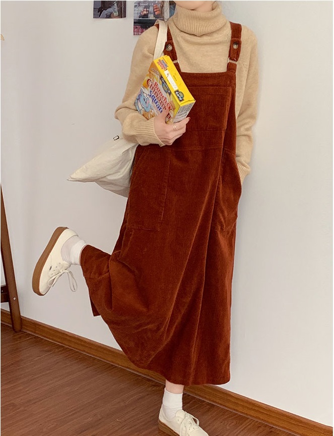 2colors autumn long dress korean style soild color loose vintage spaghetti strap dress womens corduroy tank dress (X1668) 210423
