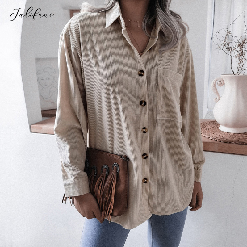 Shirts For Women Casual Loose Spring Autumn Corduroy Purple Long Sleeve Button Up Collared Ladies Tops Fashion New Blouses 210415