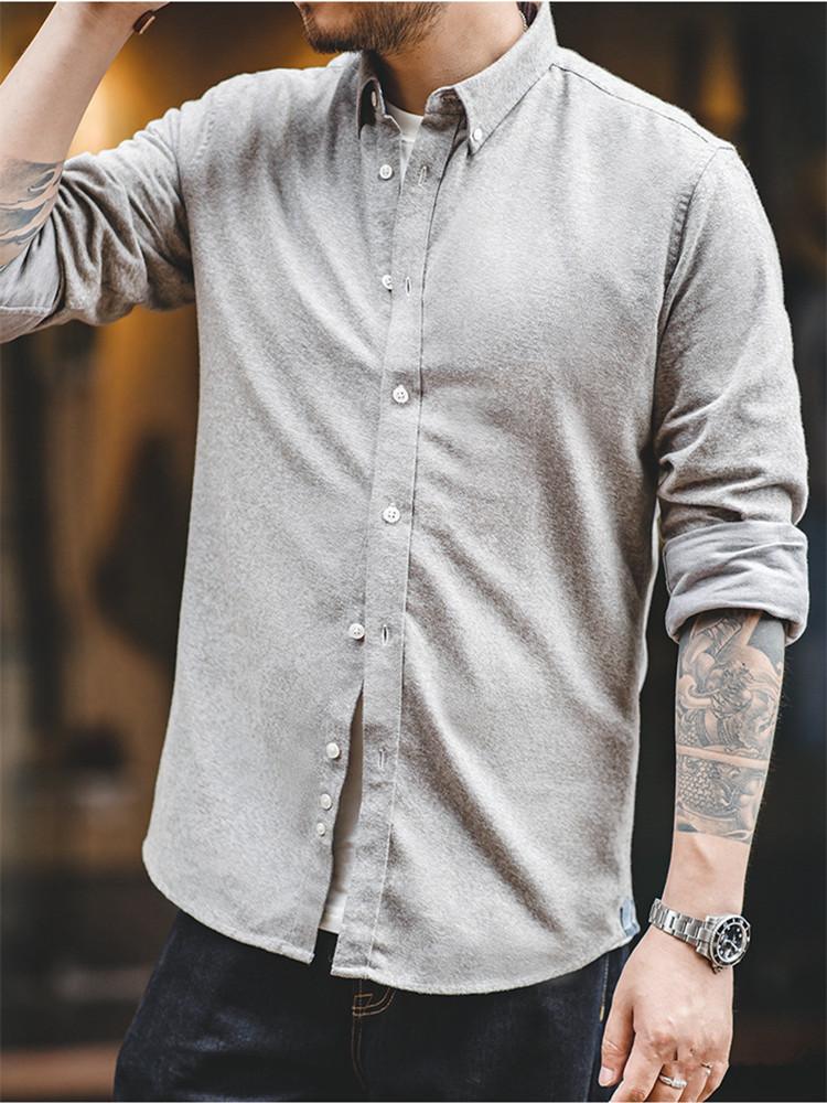 American Tooling Vintage Pepper And Salt Point Button-necked Shirt, Brushed Soft Layered, Wear A Blouse In Early Autumn Men Men's Casual Shi