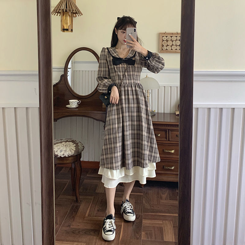 Vintage Plaid Dress Women Spring Long Sleeve Sailor Collar Elegant Sweet Midi Dress Female Party Dress Korean 210521