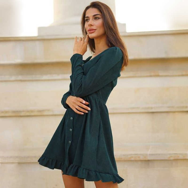 Sweet A-Line Ruffles Mini Dress Women Casual Square Collar Long Sleeve Solid Color Dresses Spring Fashion Elegant Dress 210630