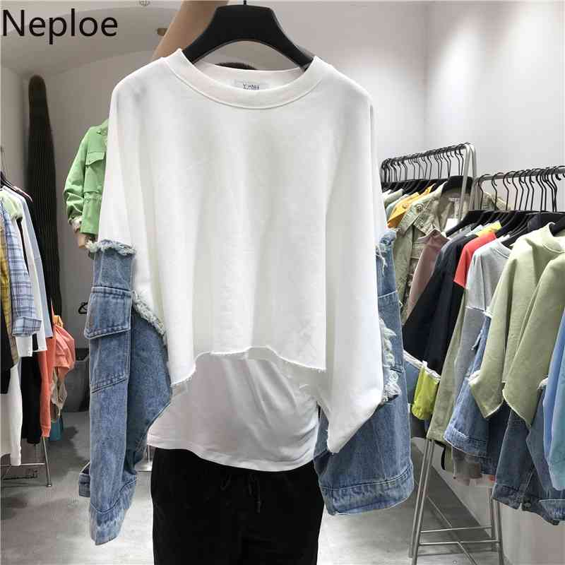 Neploe Korean Fashion Sweatshirts Women Patchwork Jeans Contact Color Hoody O-neck Batwing Sleeve Hoodies Loose Causal Tops 210422