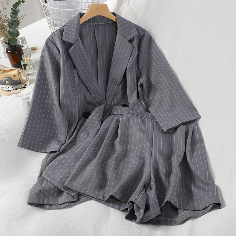 DEAT Summer Fashion Temperament Double Coat Top + Elastic High Waist Wide Leg Shorts Striped 2-piece Women's Suit SK057 210709