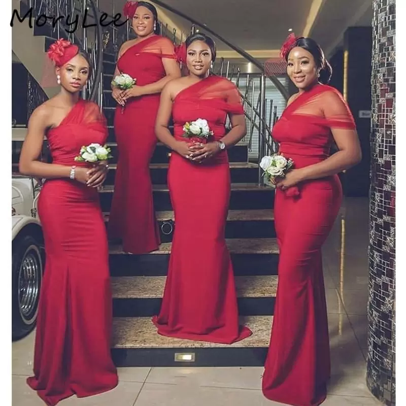 Red Bridesmaid Dresses Mermaid Custom Made African One Shoulder Plus Size Floor Length Maid Of Honor Gown Country Wedding Guest Formal Wear Vestidos