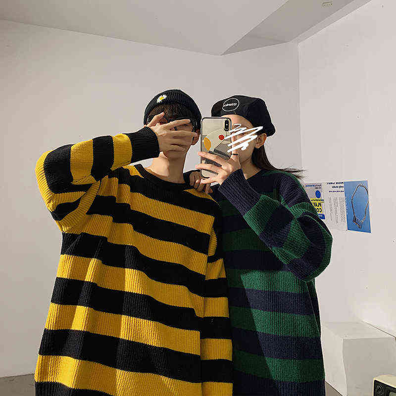 LEGIBLE Striped Men Sweaters Autumn Men's Pullovers Harajuku Streetwear Tate Landon Sweater Green Striped Sweater Women 220114
