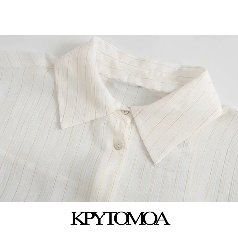 Women Fashion Semi-Sheer Metallic Thread Striped Blouses Long Sleeve Button-up Female Shirts Chic Tops 210420