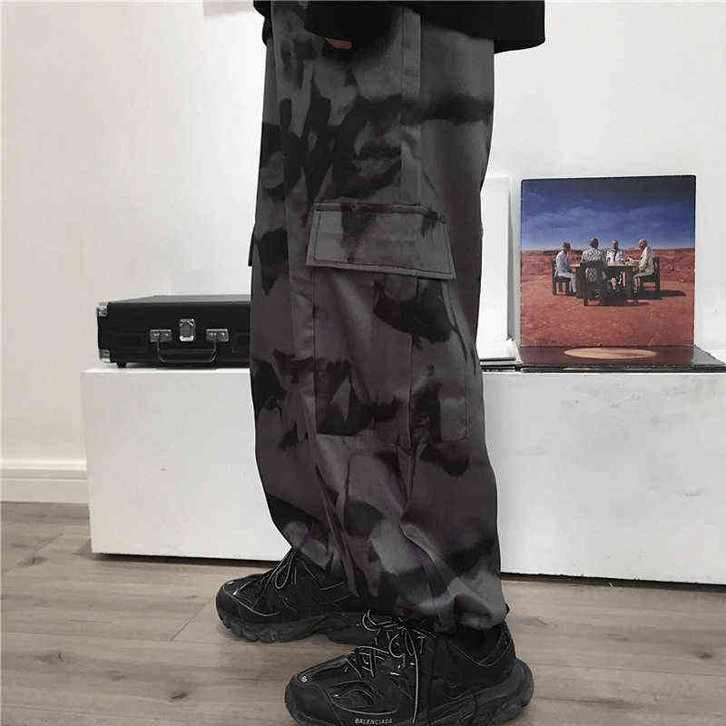 HOUZHOU Cargo Pants Tie Dye Harajuku Streetwear Women Wide Leg High Waisted Trousers Punk Oversize Aesthetic Korean Fashion 211124